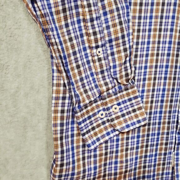 Peter Millar Shirt Mens Large Tan Blue Plaid Lightweight Collared Button Down - Picture 6 of 10